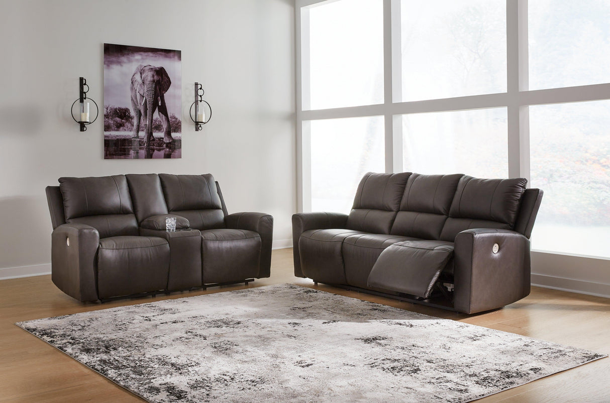 Boxmere Storm Leather Power Reclining Sofa and Loveseat by Ashley at Eve Furniture