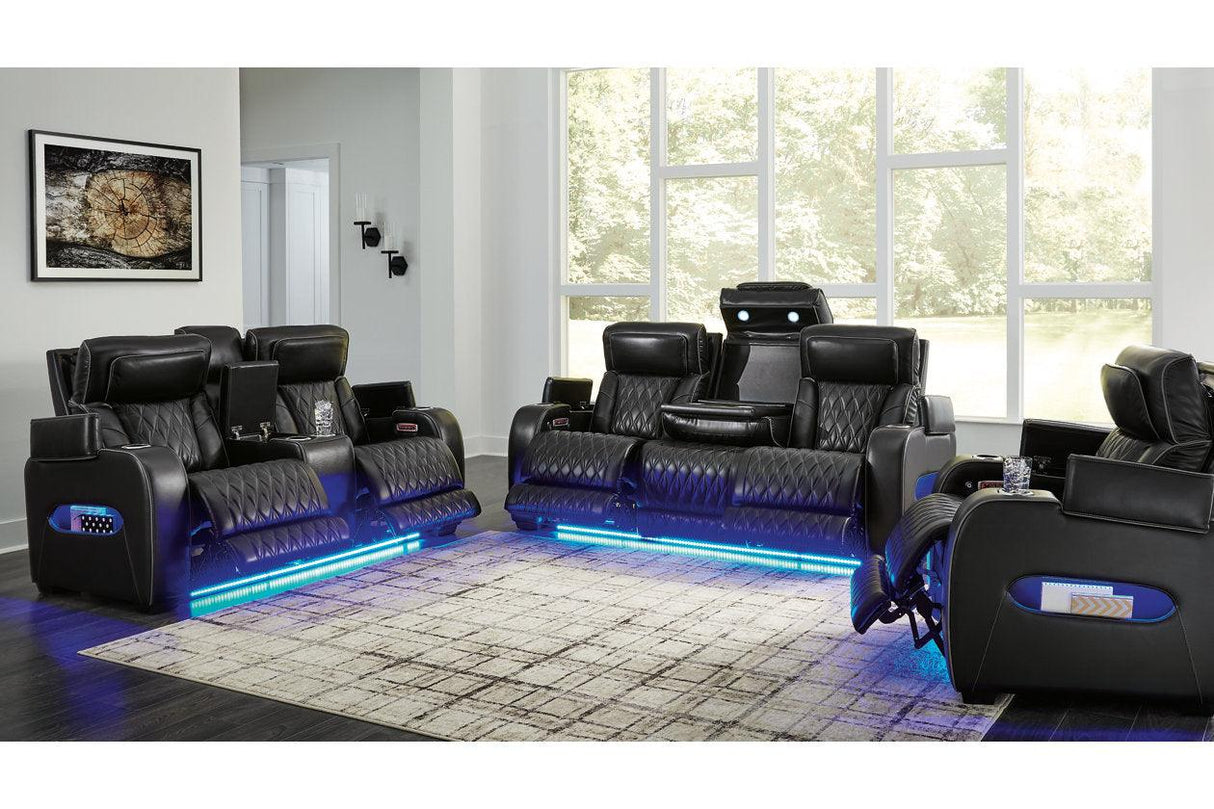 Boyington Black Dual Power Leather Power Reclining Sofa, Loveseat and Recliner by Ashley at Eve Furniture