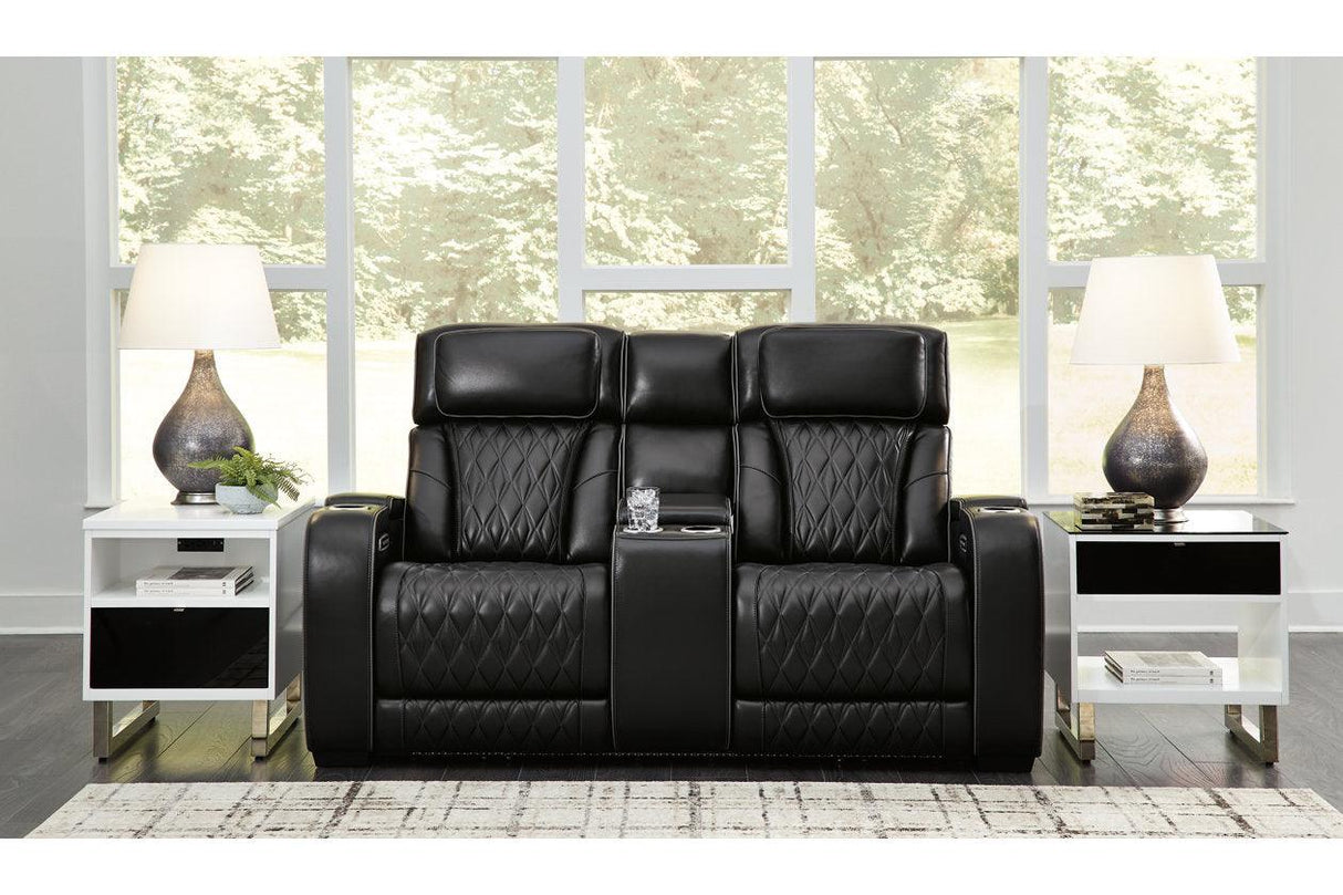 Boyington Black Dual Power Leather Power Reclining Sofa, Loveseat and Recliner by Ashley at Eve Furniture