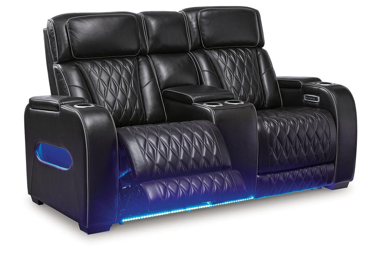 Boyington Black Dual Power Leather Power Reclining Sofa, Loveseat and Recliner by Ashley at Eve Furniture
