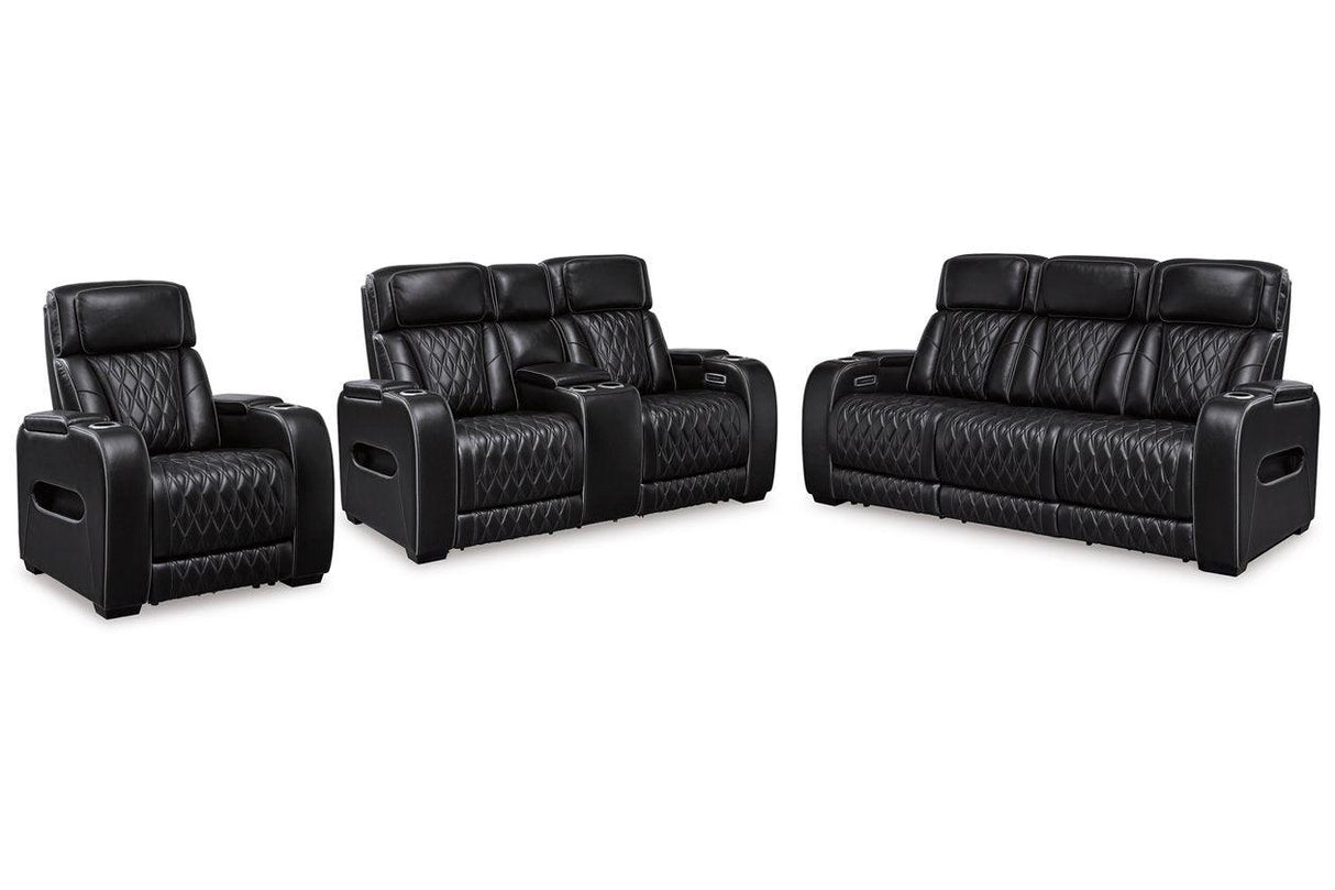 Boyington Black Dual Power Leather Power Reclining Sofa, Loveseat and Recliner by Ashley at Eve Furniture