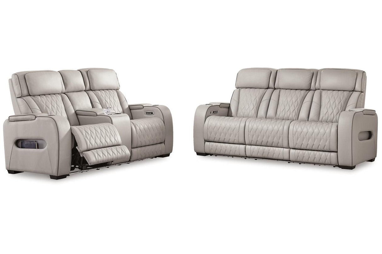 Boyington Gray Dual Power Leather Power Reclining Sofa, Loveseat and Recliner by Ashley at Eve Furniture