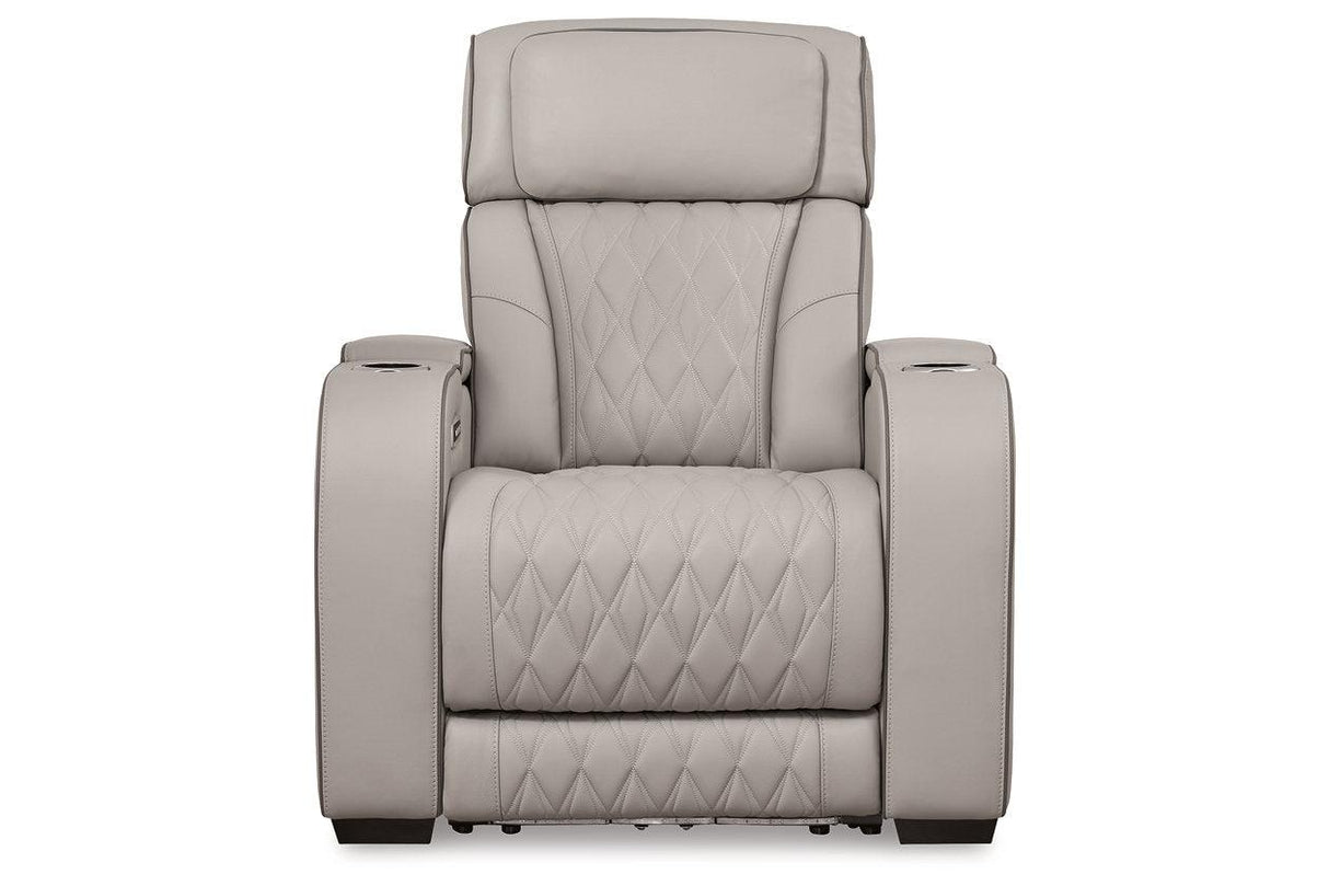 Boyington Gray Dual Power Leather Power Reclining Sofa, Loveseat and Recliner by Ashley at Eve Furniture