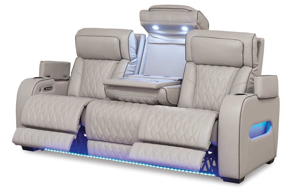 Boyington Gray Dual Power Leather Power Reclining Sofa, Loveseat and Recliner by Ashley at Eve Furniture