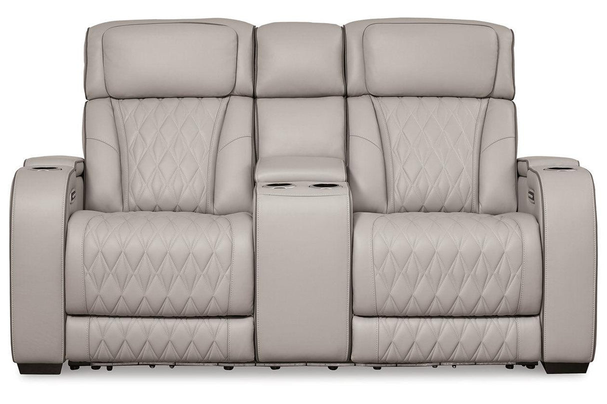 Boyington Gray Dual Power Leather Power Reclining Sofa, Loveseat and Recliner by Ashley at Eve Furniture