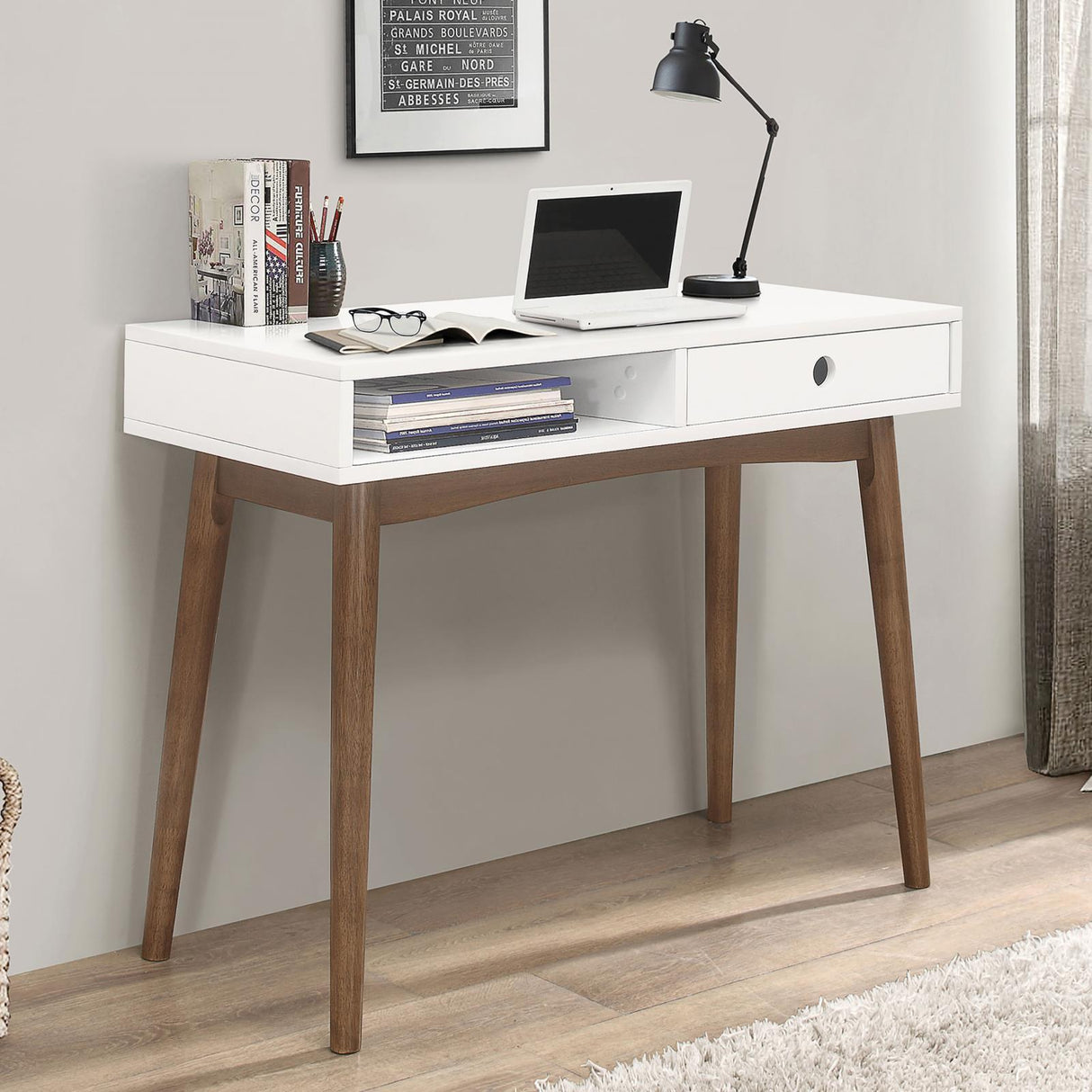 Bradenton White/Walnut 1-Drawer Writing Desk by Coaster at Eve Furniture