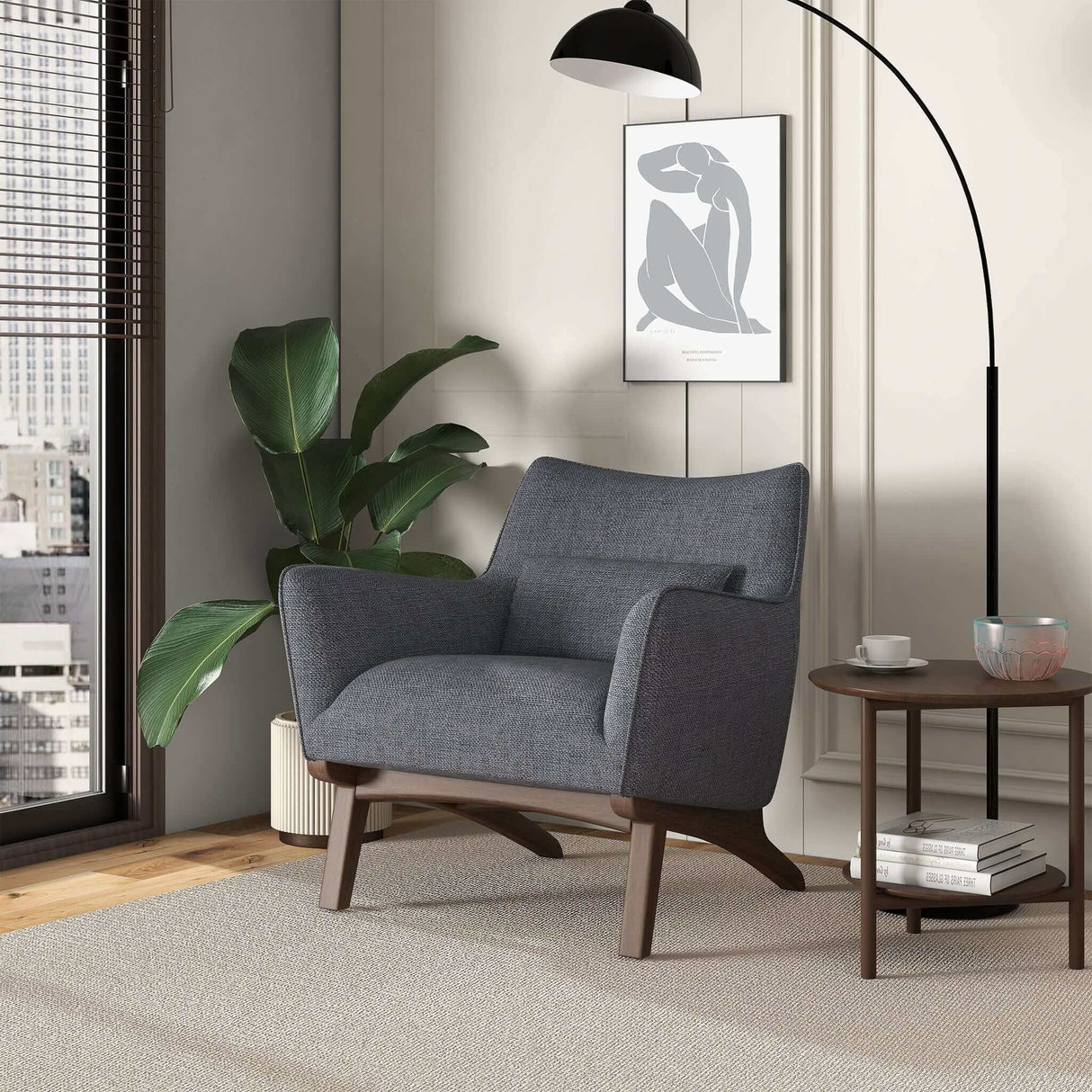 Brayden Mid Century Modern Sea Side Grey Linen Armchair by Ashcroft Furniture at Eve Furniture