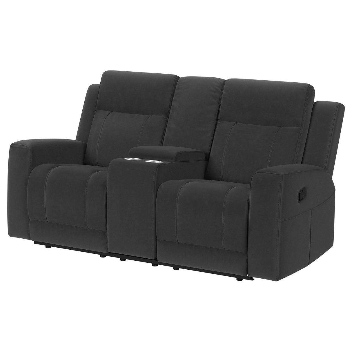 Brentwood Dark Charcoal Upholstered Motion Reclining Loveseat with Console by Coaster at Eve Furniture