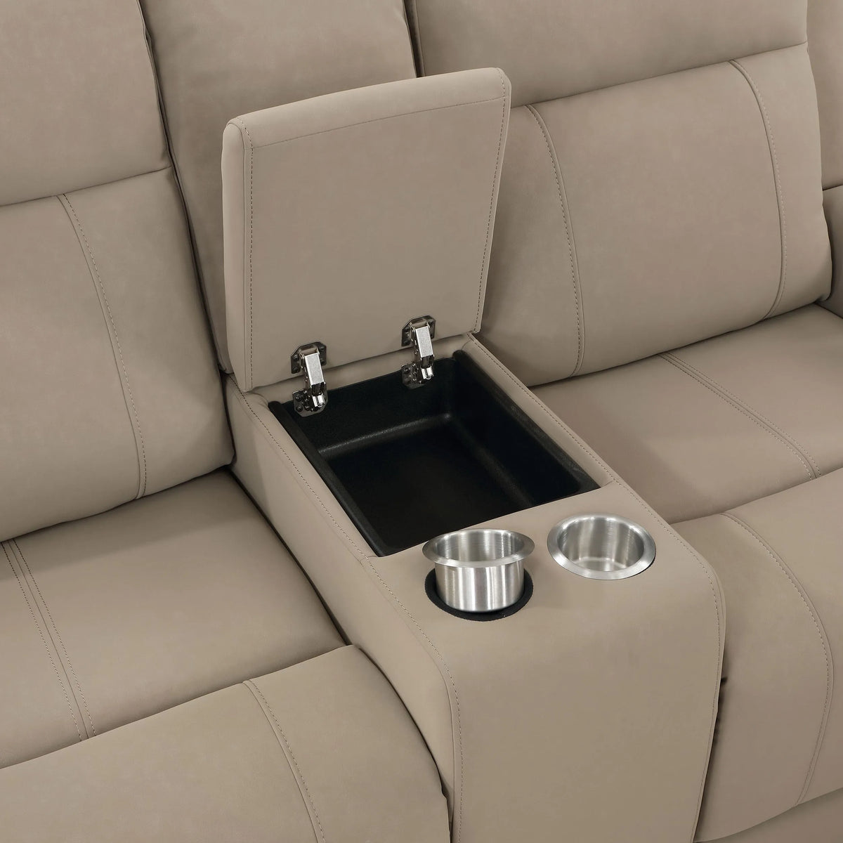 Brentwood Taupe Upholstered Motion Reclining Loveseat with Console by Coaster at Eve Furniture