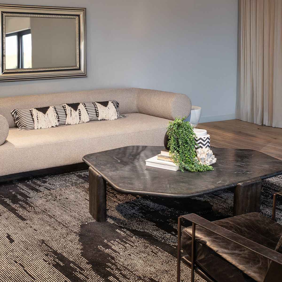 Breton 64" Hexagonal Coffee Table with Lava Marble Top with Dark Mango Base