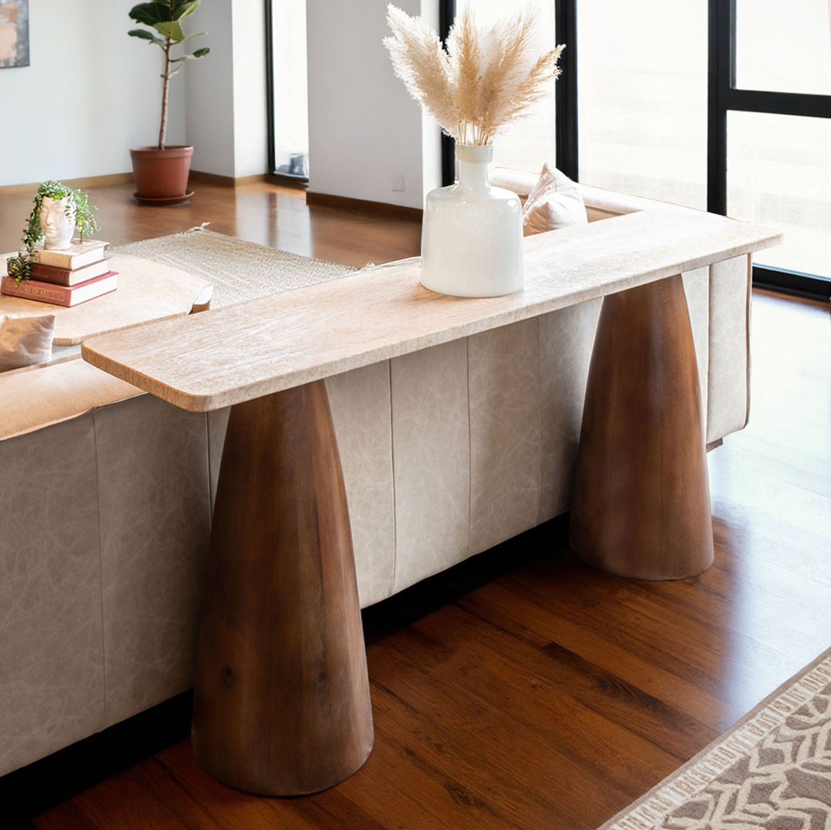 Breton 72" Console Table with Travertine Top in Walnut by Home Trends & Design at Eve Furniture