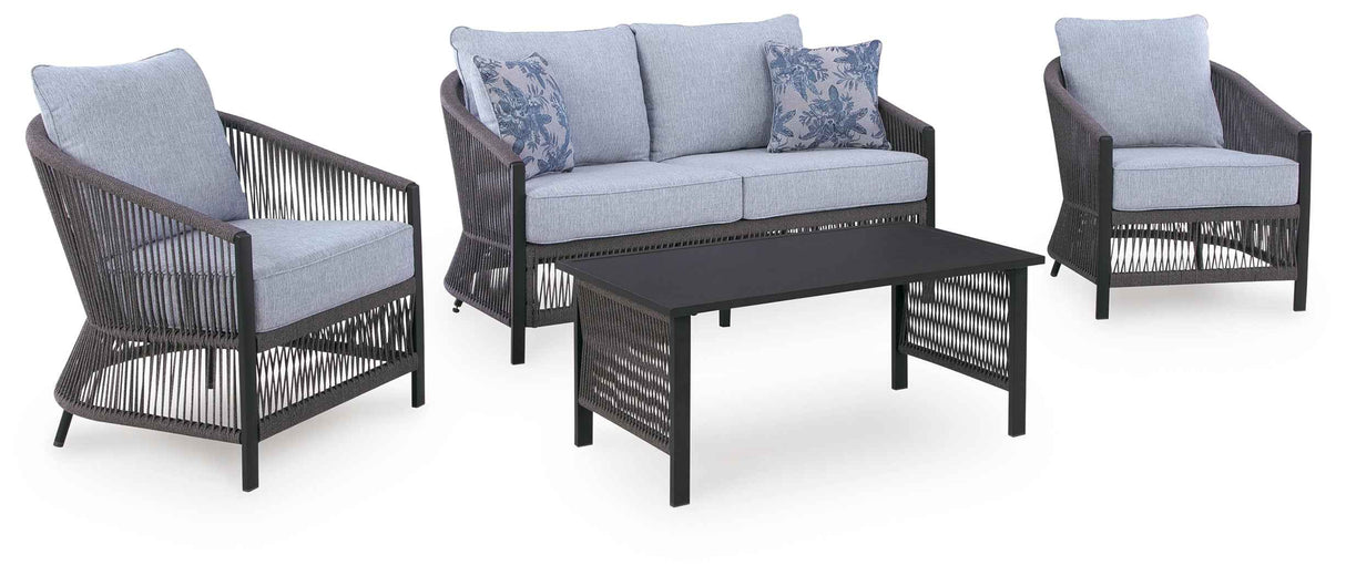 Bridges Beach Gray Outdoor Love/Chairs/Table Set (Set of 4) by Ashley at Eve Furniture