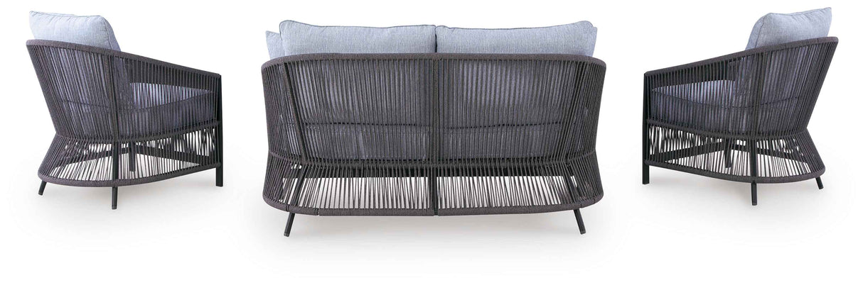Bridges Beach Gray Outdoor Love/Chairs/Table Set (Set of 4) by Ashley at Eve Furniture