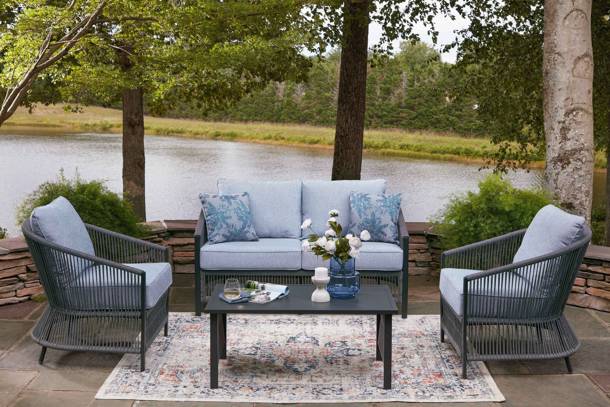 Bridges Beach Gray Outdoor Love/Chairs/Table Set (Set of 4) by Ashley at Eve Furniture