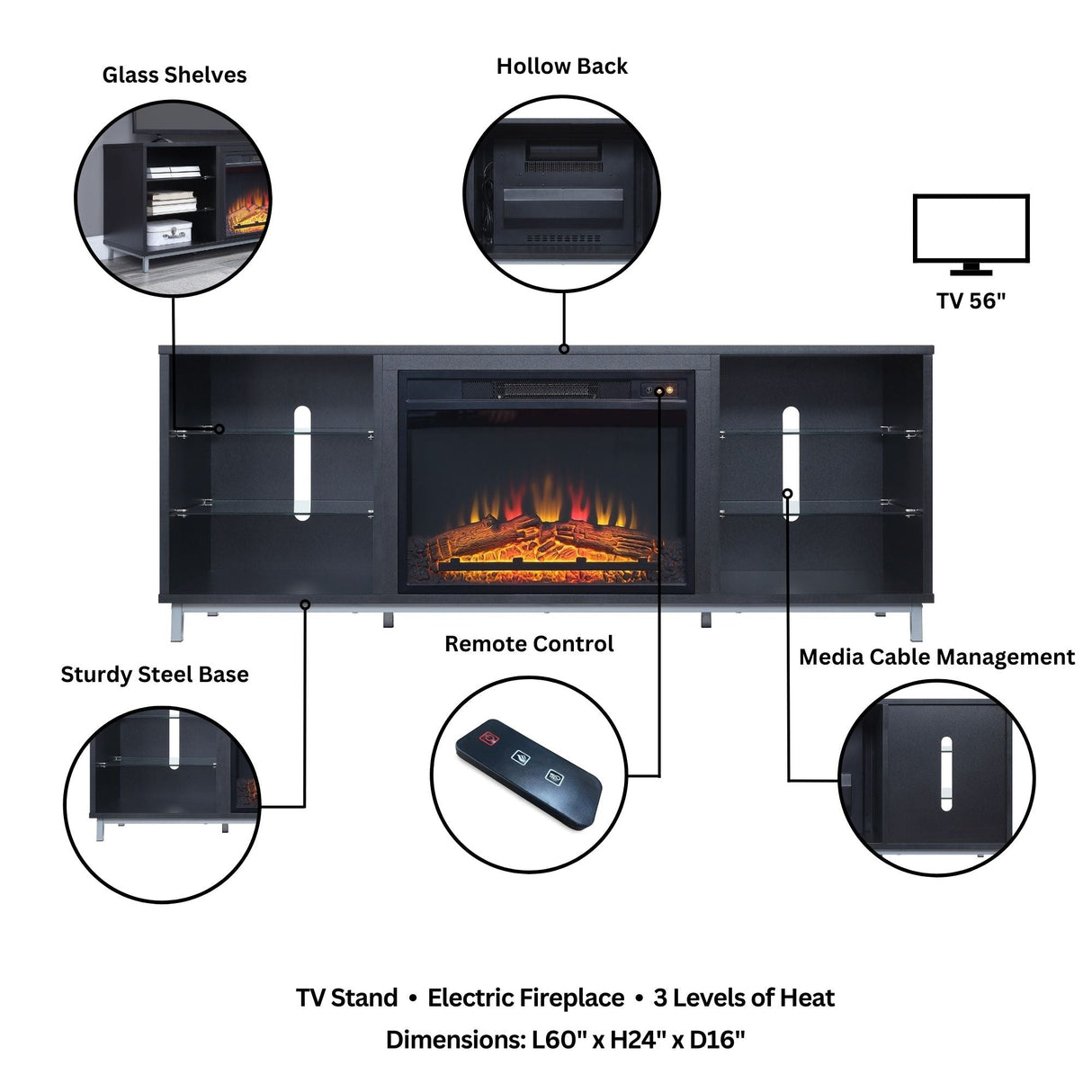 Brighton Fireplace in Onyx by Manhattan Comfort at Eve Furniture