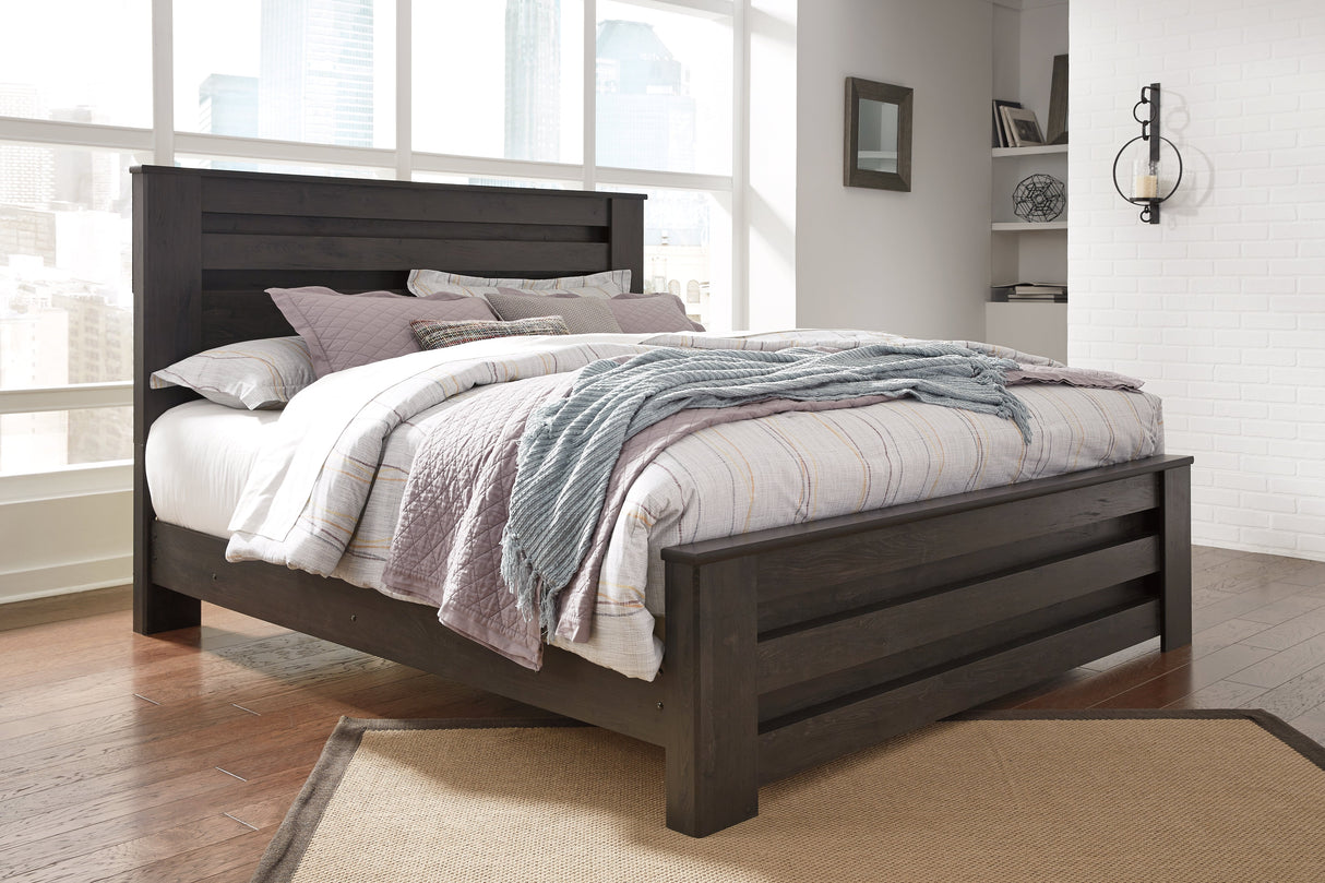 Brinxton King/California King Panel Headboard Bed with Mirrored Dresser and Chest in Charcoal by Ashley at Eve Furniture