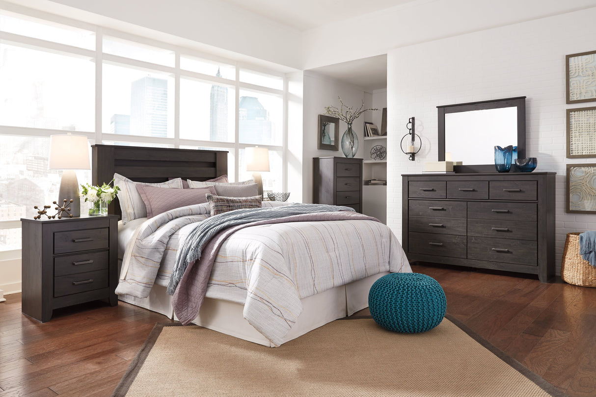 Brinxton King/California King Panel Headboard Bed with Mirrored Dresser and Chest in Charcoal by Ashley at Eve Furniture