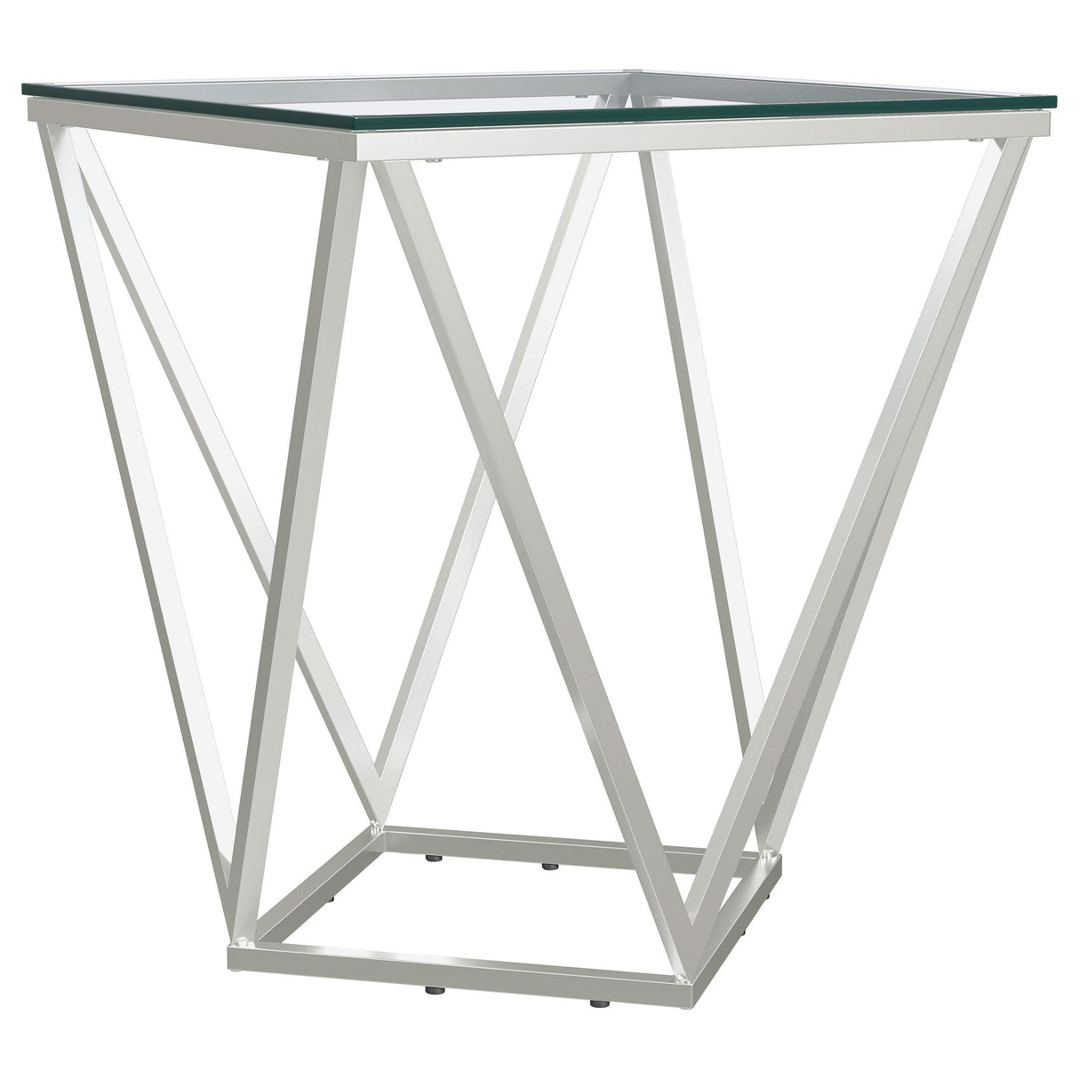 Brittania Nickel Square Geometric End Table with Clear Tempered Glass Top by Coaster at Eve Furniture