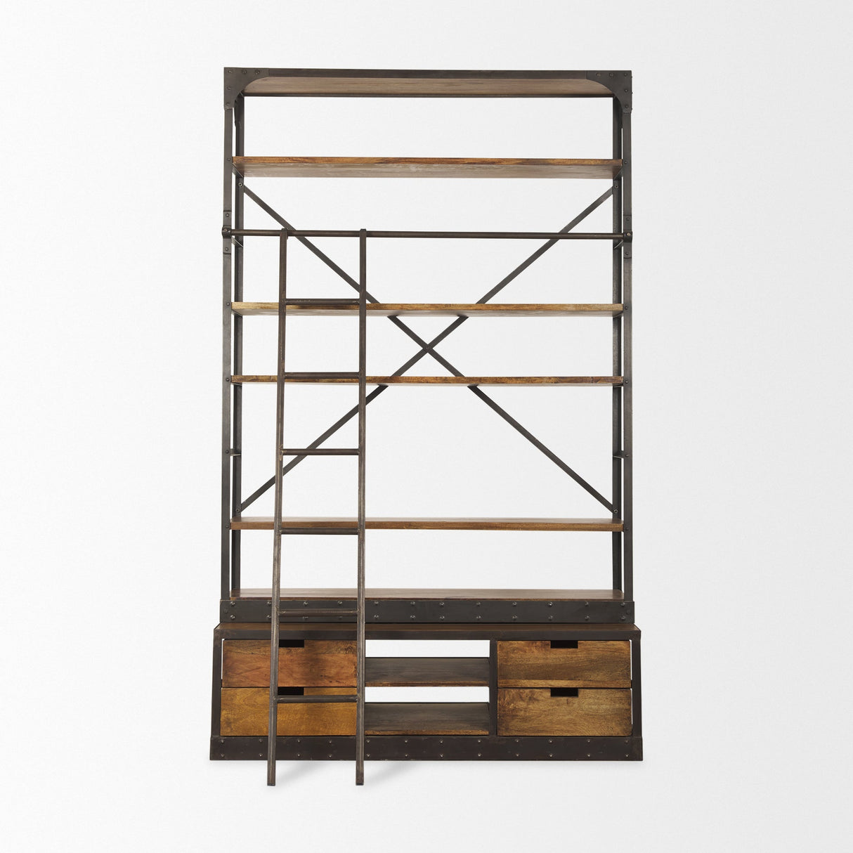Brodie II Medium Brown Wood Black Ladder Four Shelf Shelving Unit by Mercana at Eve Furniture