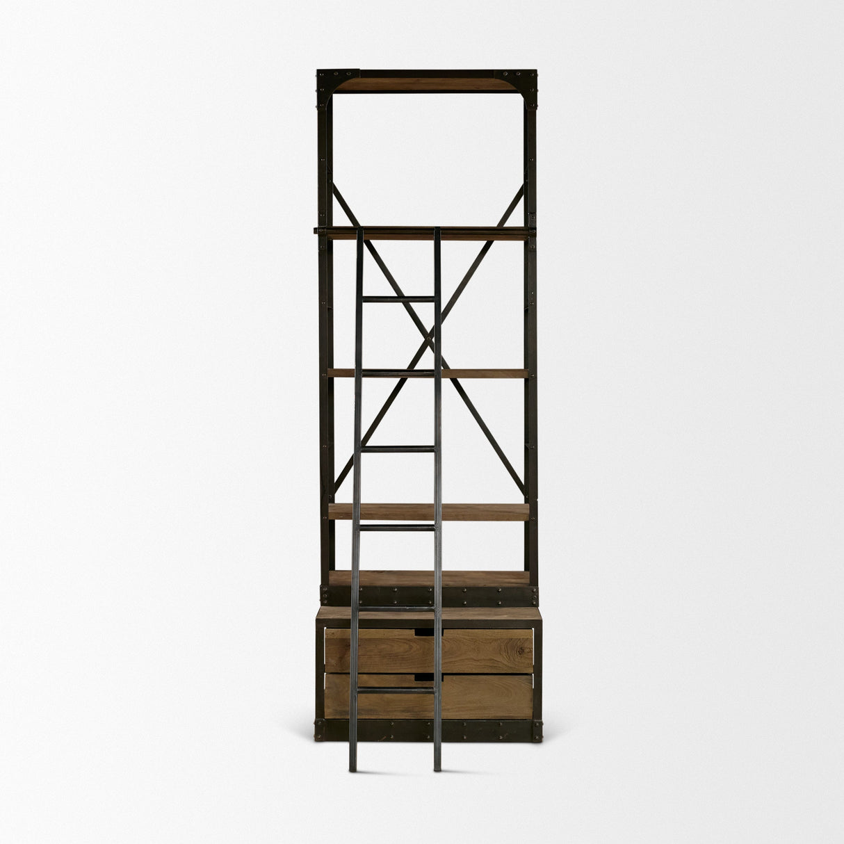 Brodie VII Brown Wood Gun-Metal Bracing Four Shelf Shelving Unit by Mercana at Eve Furniture