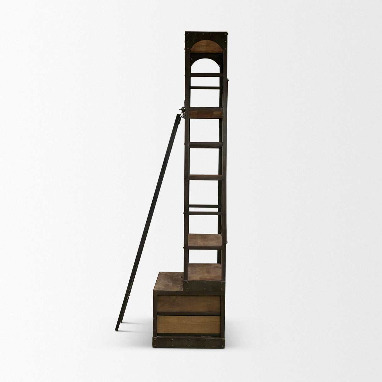 Brodie VII Brown Wood Gun-Metal Bracing Four Shelf Shelving Unit by Mercana at Eve Furniture