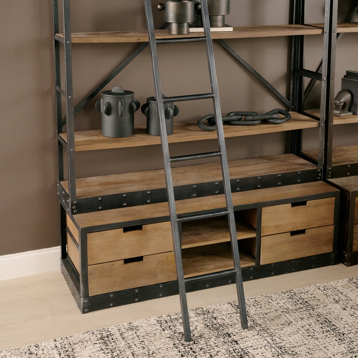 Brodie VIII Brown Wood Gun-Metal Ladder Four Shelf Shelving Unit by Mercana at Eve Furniture