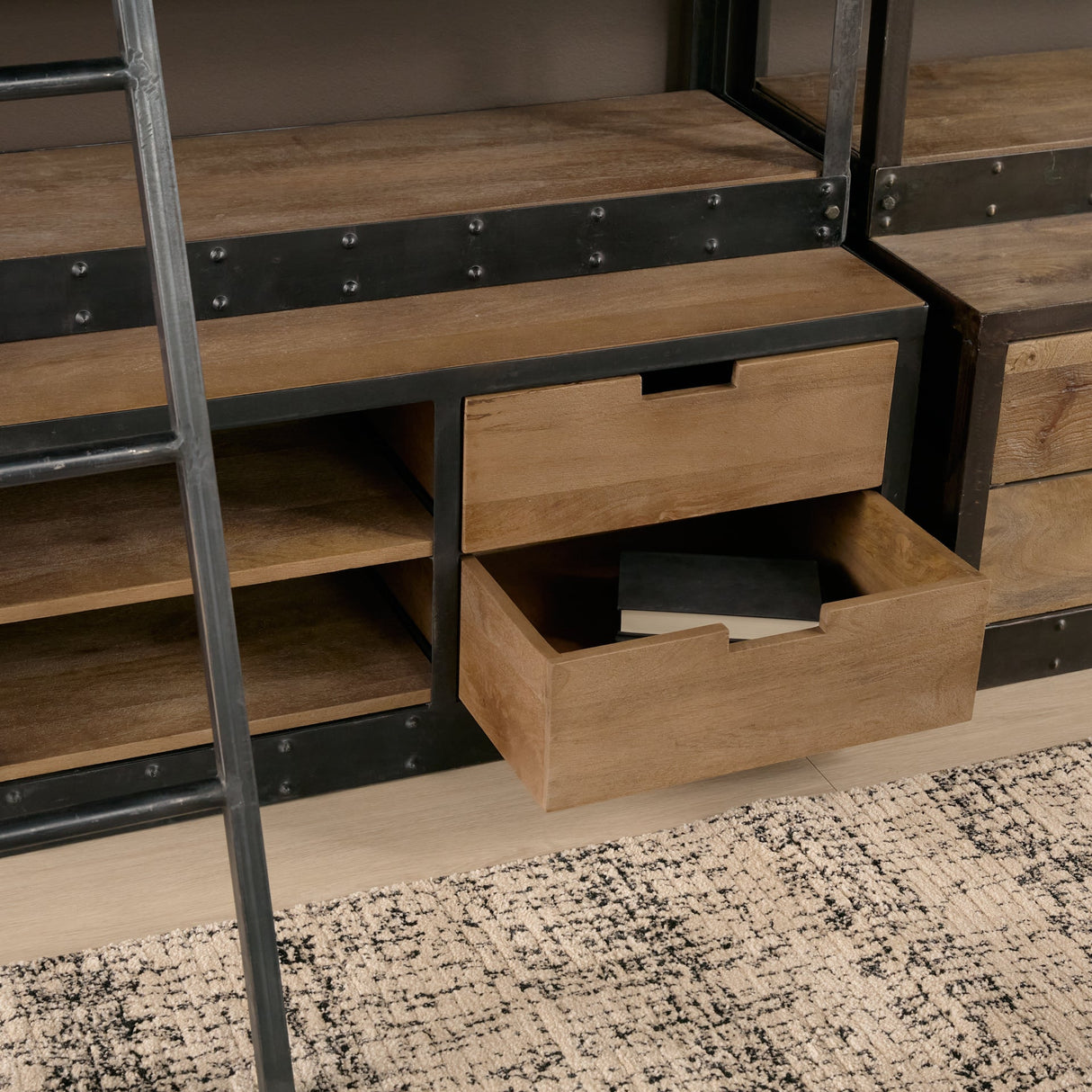 Brodie VIII Brown Wood Gun-Metal Ladder Four Shelf Shelving Unit by Mercana at Eve Furniture