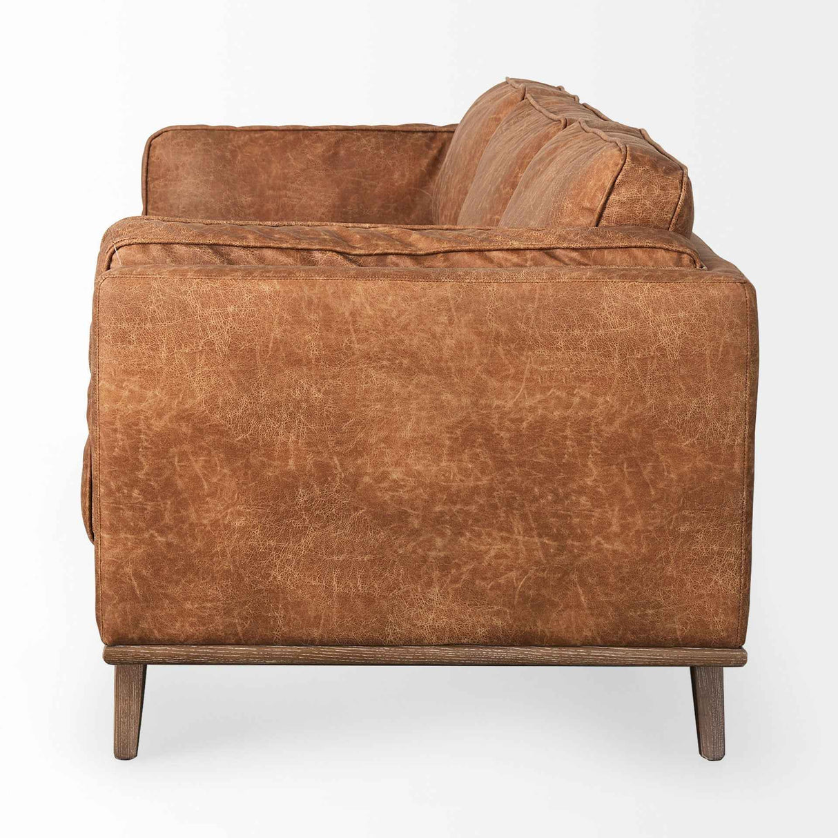 Brooks Cognac Faux Leather Three Seater Sofa With Medium Brown Wooden Legs by Mercana at Eve Furniture