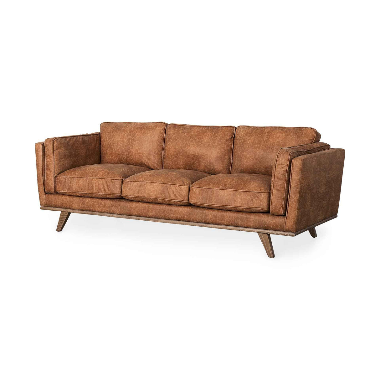 Brooks Cognac Faux Leather Three Seater Sofa With Medium Brown Wooden Legs by Mercana at Eve Furniture