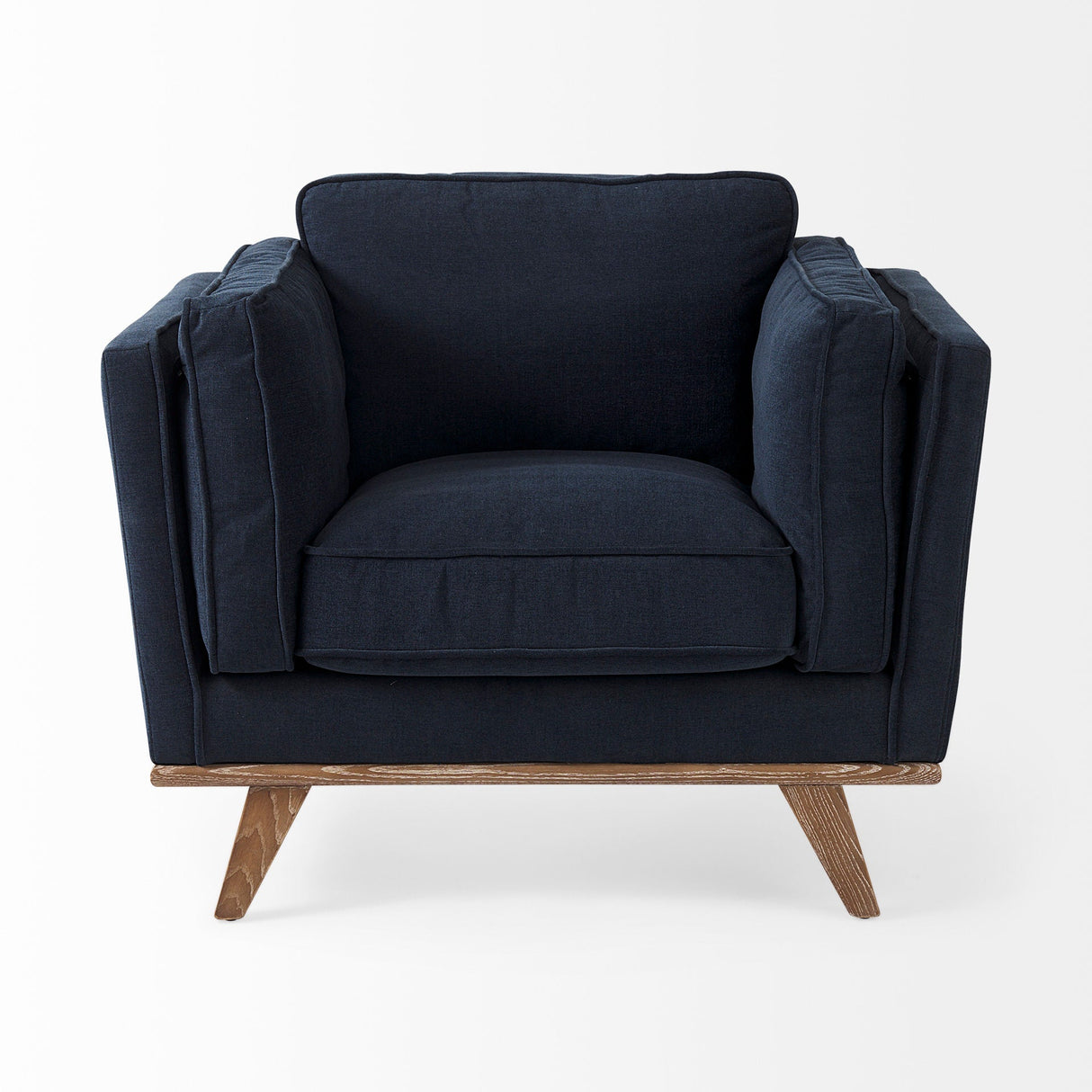 Brooks Navy Blue Fabric Chair W/ Medium Brown Wooden Legs by Mercana at Eve Furniture