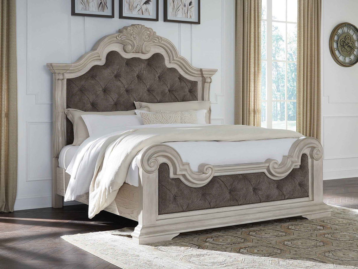 Bruchandi Antique White King Upholstered Panel Bed by Ashley at Eve Furniture