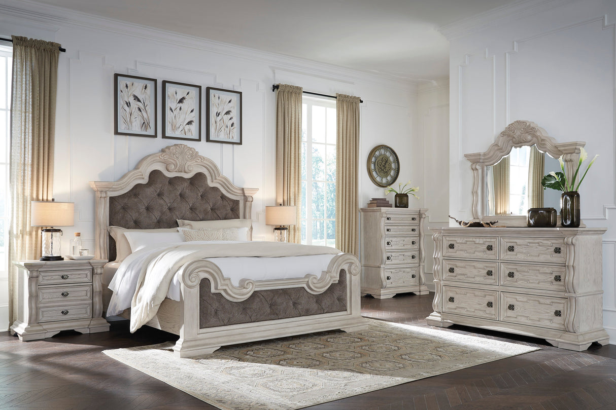 Bruchandi Antique White Upholstered Panel Bedroom Set by Ashley at Eve Furniture
