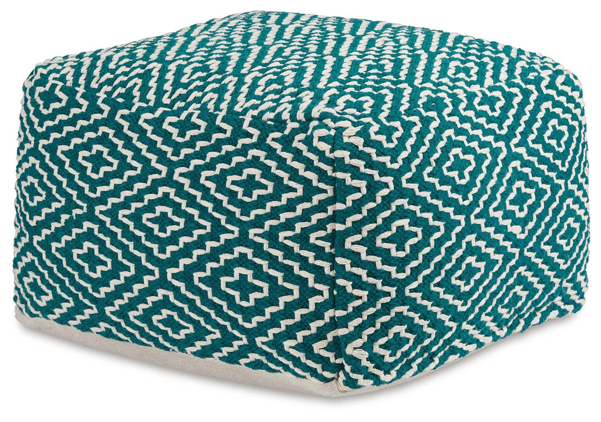 Brynnsen Teal/Ivory Pouf by Ashley at Eve Furniture