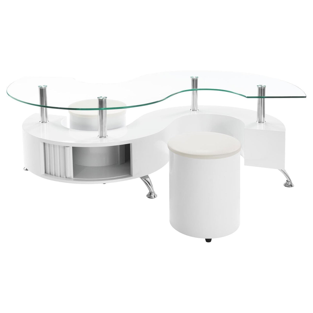 Buckley Curved Glass Top Coffee Table With Stools White High Gloss by Coaster at Eve Furniture