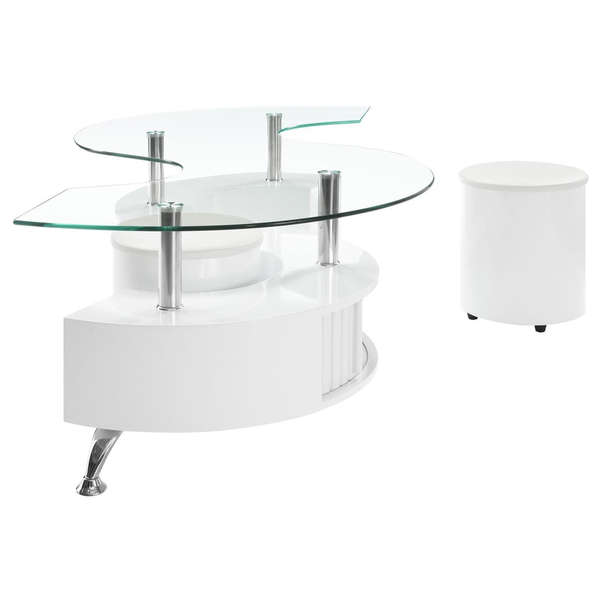 Buckley Curved Glass Top Coffee Table With Stools White High Gloss by Coaster at Eve Furniture