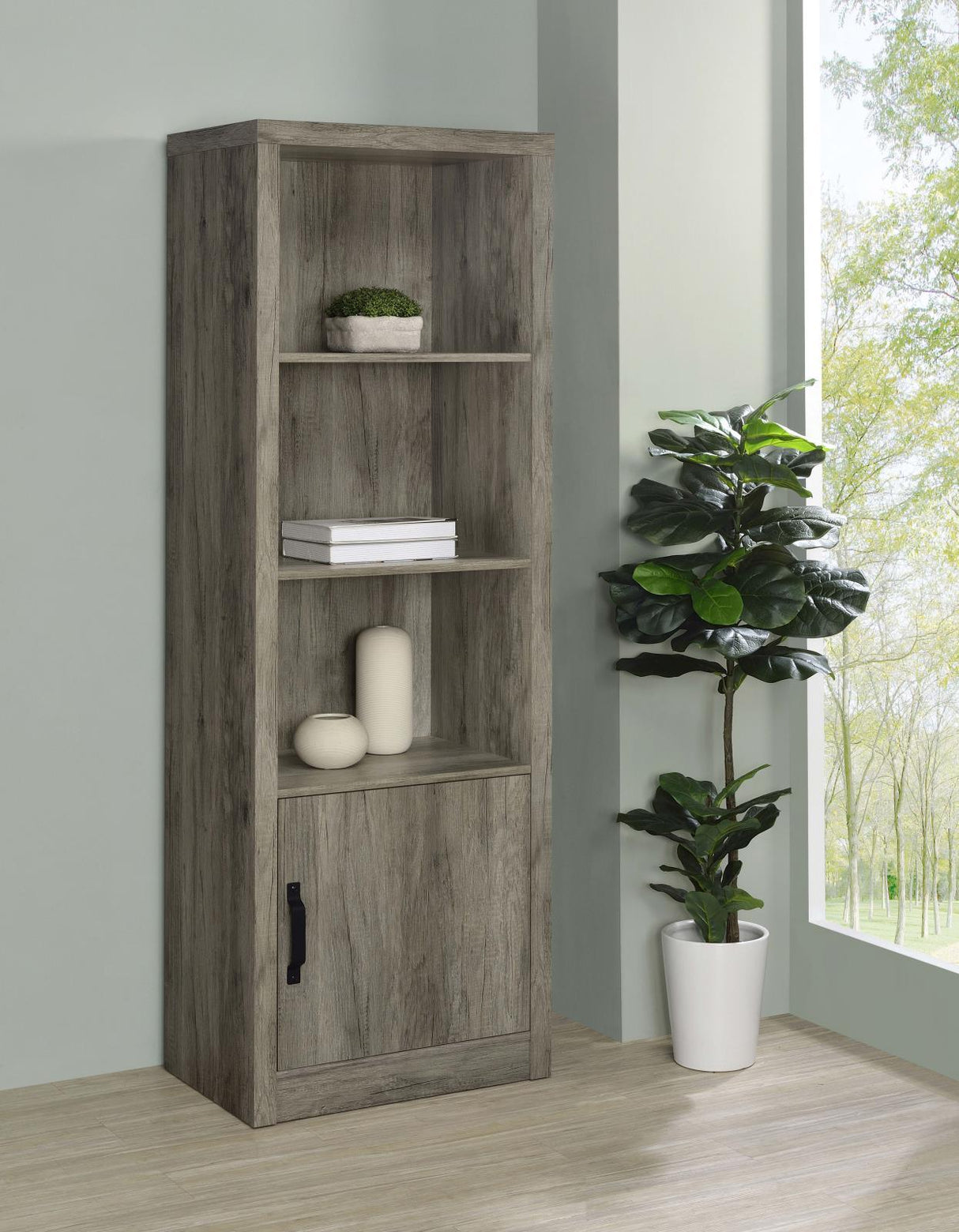 Burke Gray Driftwood 3-Shelf Media Tower With Storage Cabinet by Coaster at Eve Furniture