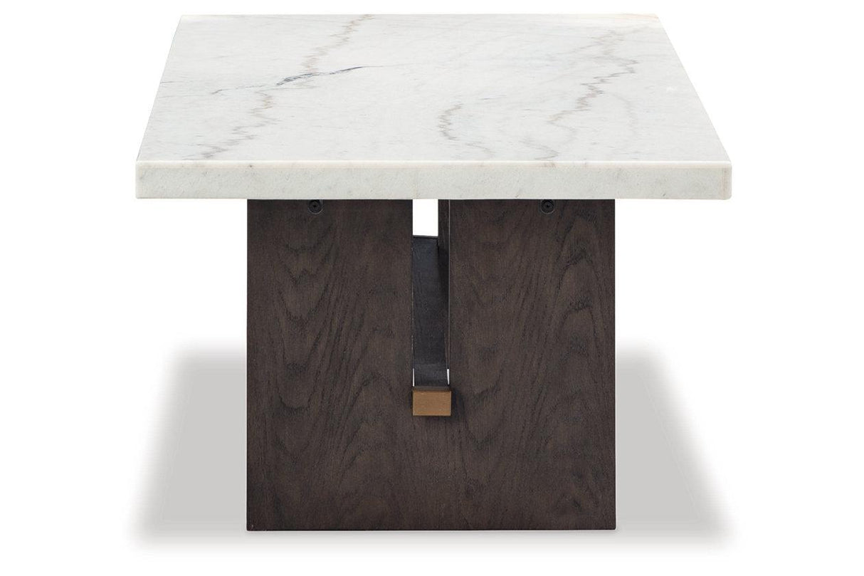 Burkhaus White/Dark Brown Coffee Table and 2 Ends by Ashley at Eve Furniture