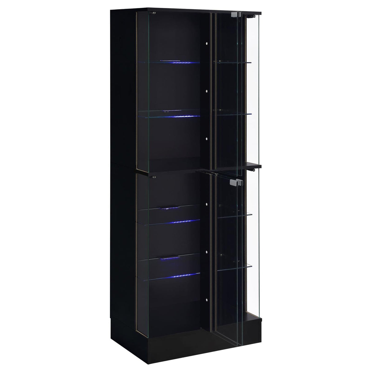 Cabra Display Case Curio Cabinet with Glass Shelves and LED Lighting Black High Gloss by Coaster at Eve Furniture