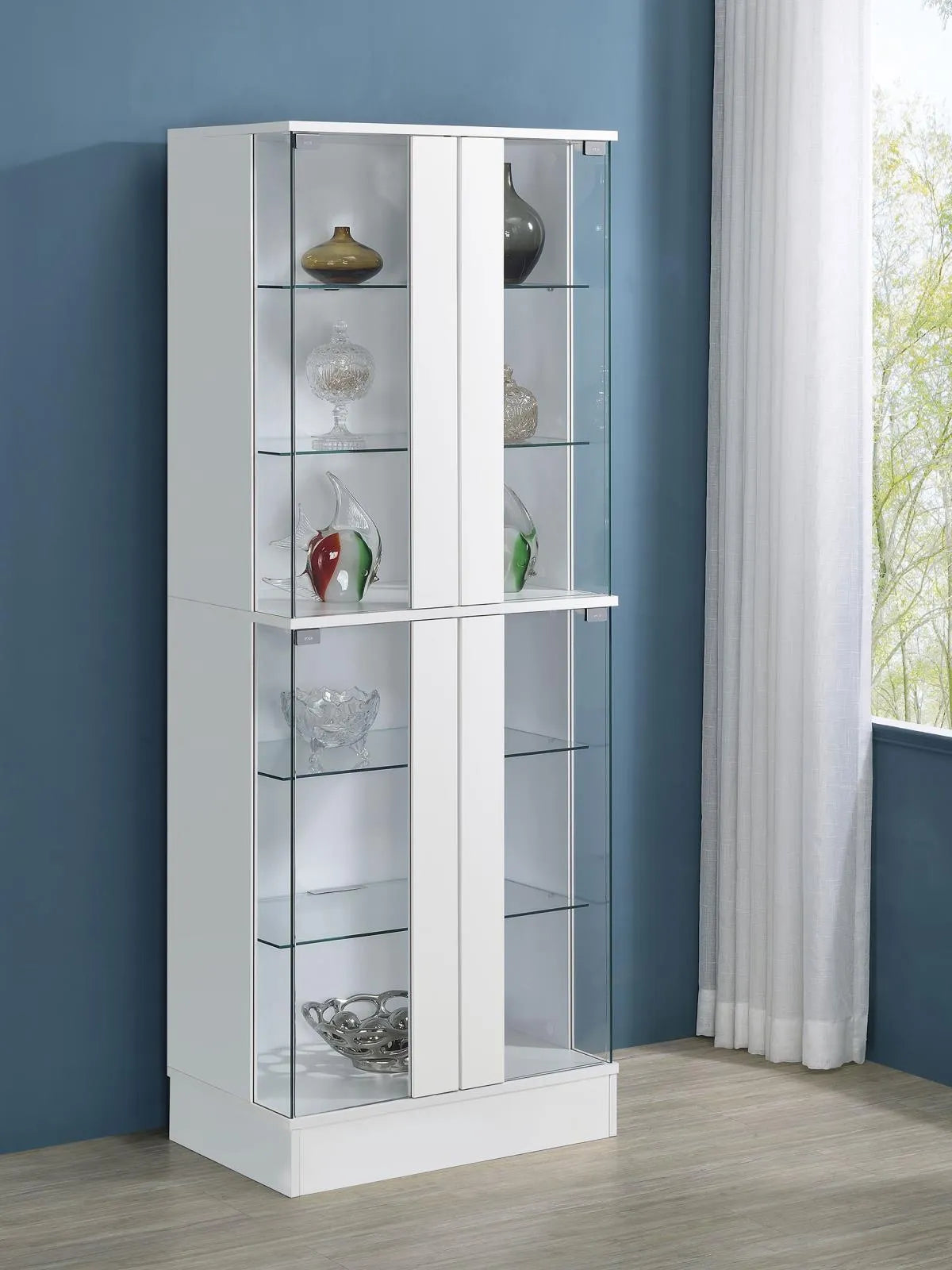 Cabra Display Case Curio Cabinet with Glass Shelves and LED Lighting White High Gloss by Coaster at Eve Furniture