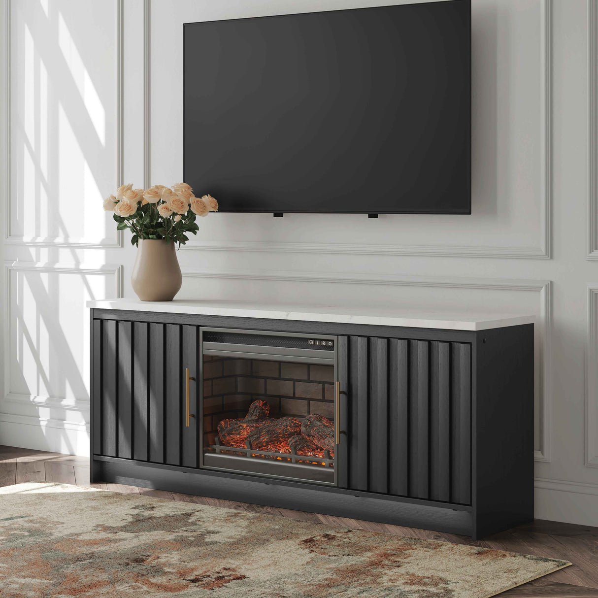 Cadmori Black/White 63" TV Stand with Electric Fireplace by Ashley at Eve Furniture