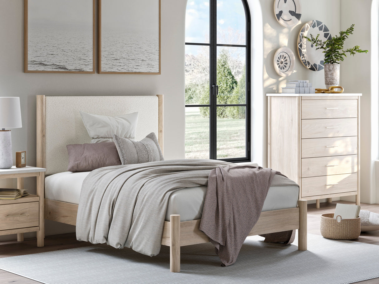 Cadmori Tan/Beige Upholstered Platform Bedroom Set by Ashley at Eve Furniture