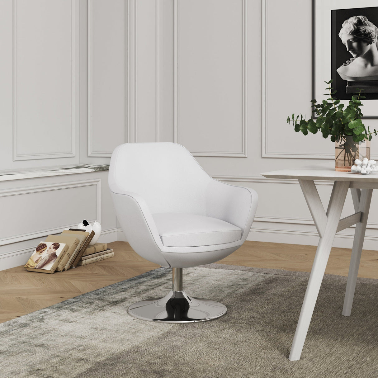 Caisson Faux Leather Swivel Accent Chair in White and Polished Chrome by Manhattan Comfort at Eve Furniture