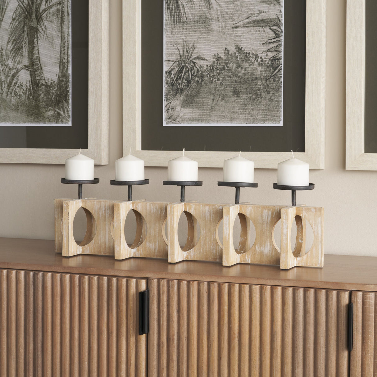 Cambie 29.0L x 6.0W x 9.0H Natural Wood W/Black Metal Candle Holders by Mercana at Eve Furniture