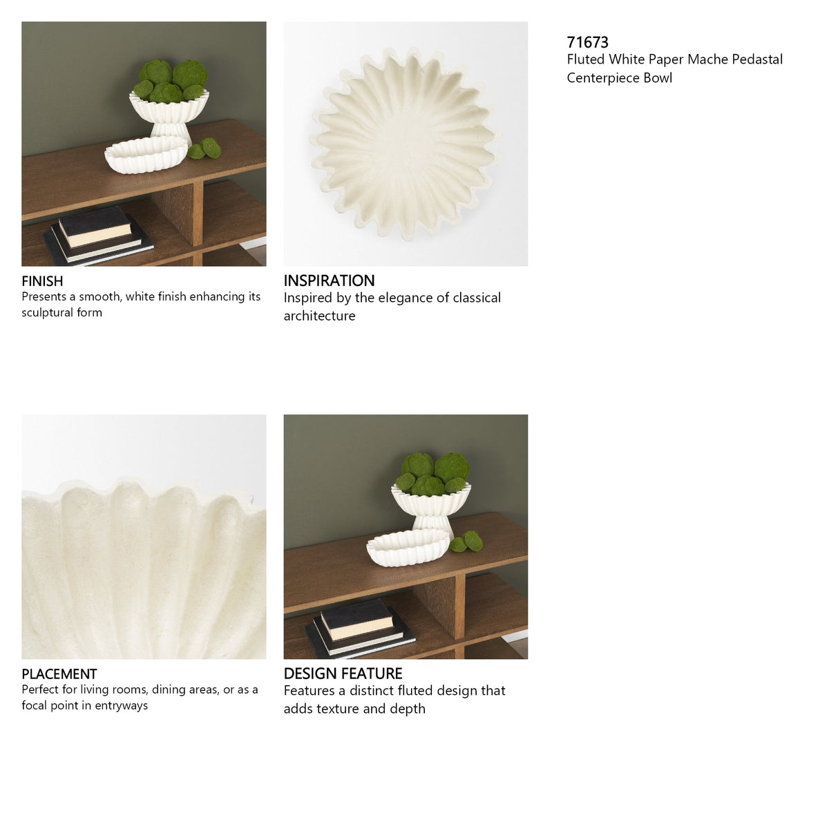 Camelia Fluted White Paper Mache Pedastal Centerpiece Bowl by Mercana at Eve Furniture