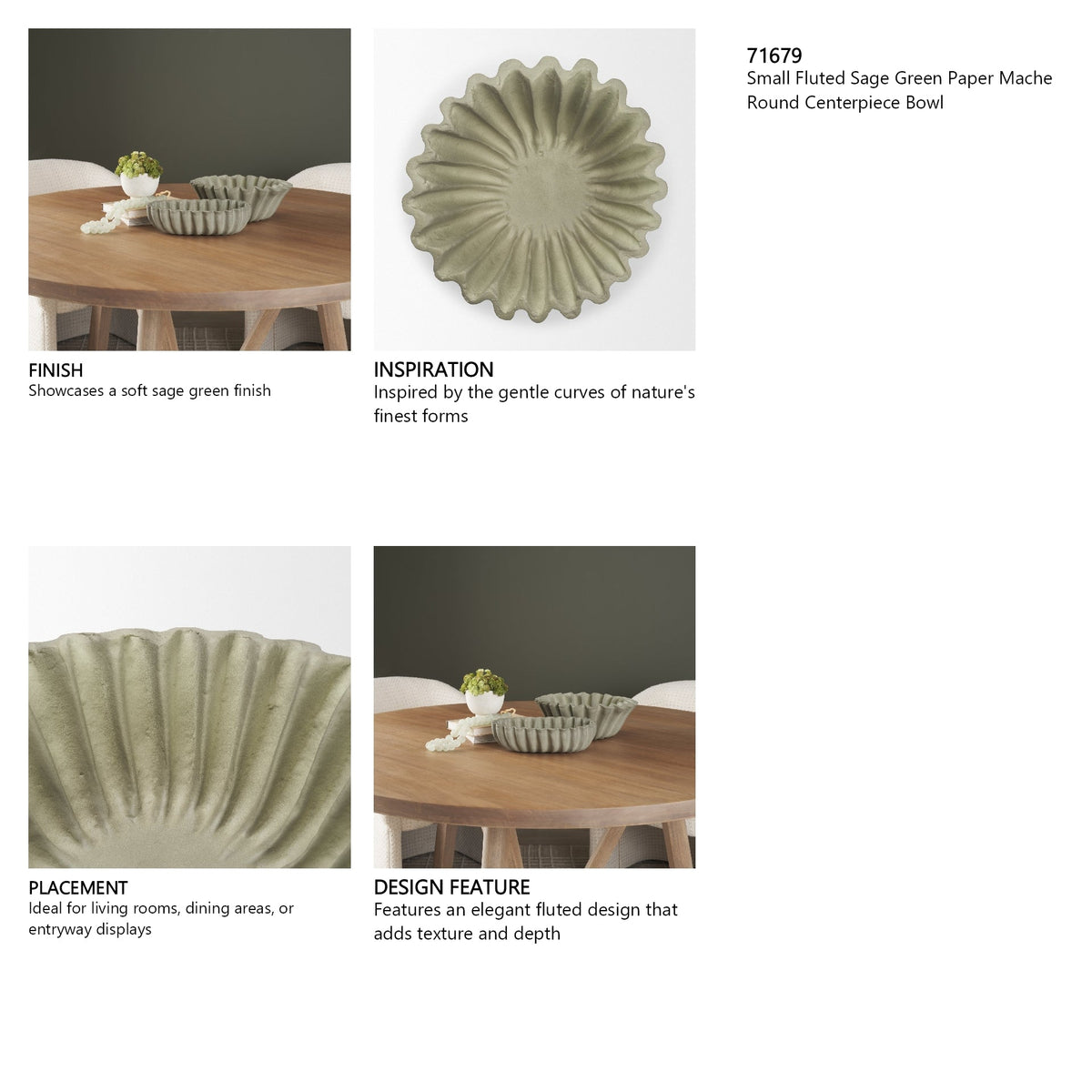Camelia Small Fluted Sage Green Paper Mache Round Centerpiece Bowl by Mercana at Eve Furniture