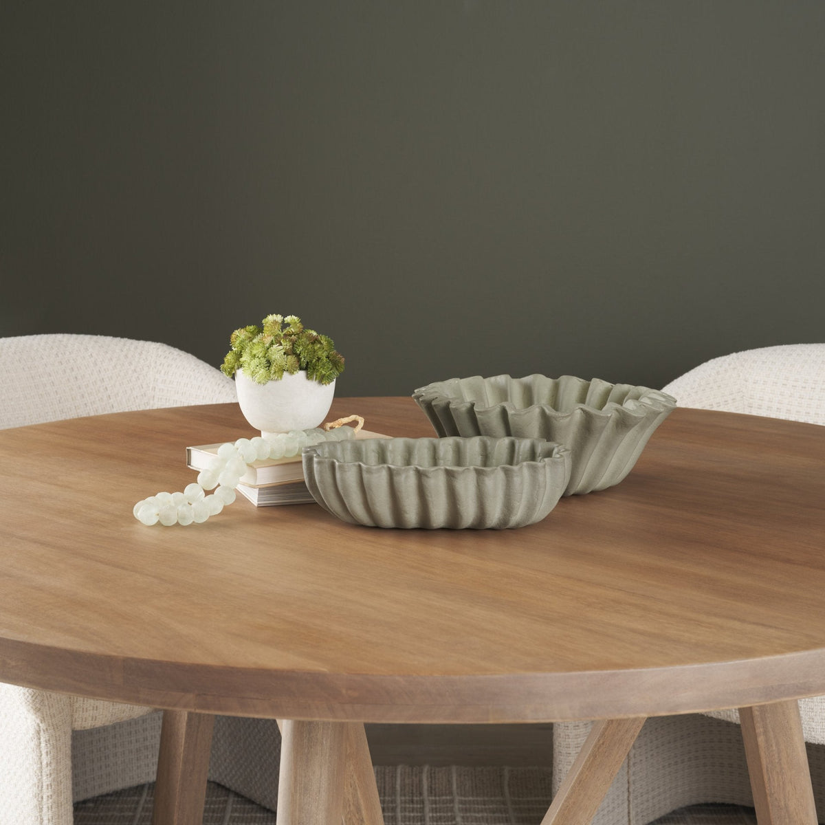 Camelia Small Fluted Sage Green Paper Mache Round Centerpiece Bowl by Mercana at Eve Furniture