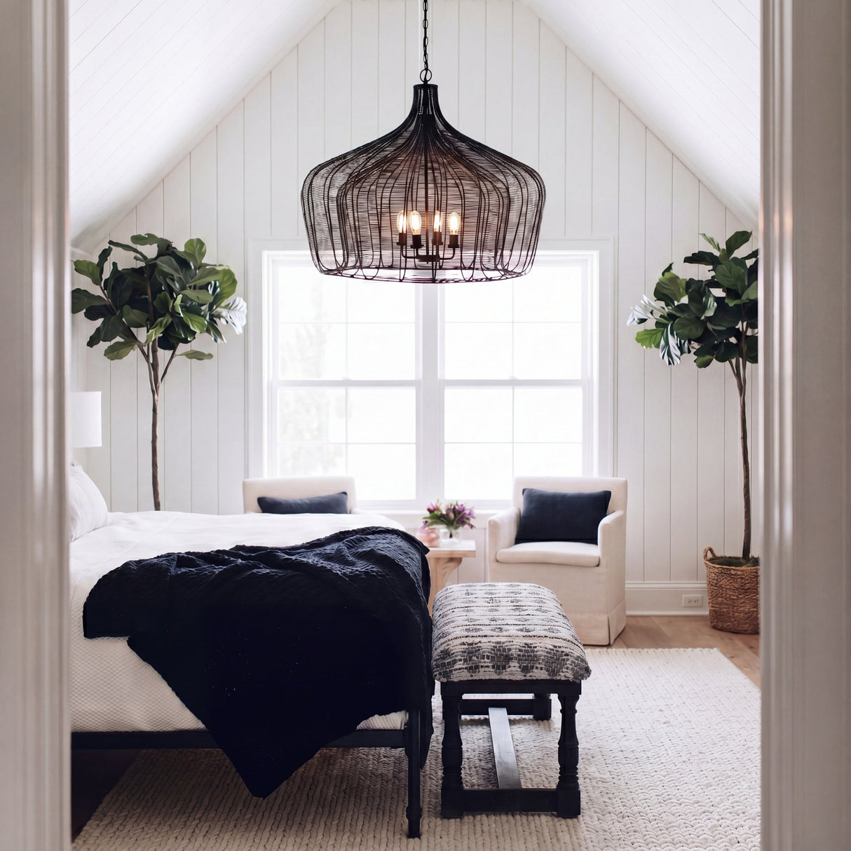 Camila Black Metal Mesh-Style Four Bulb Chandelier by Mercana at Eve Furniture
