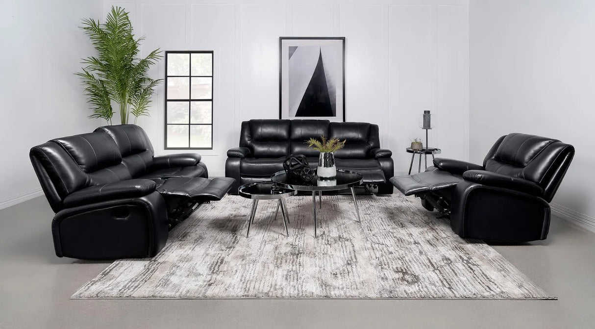 Camila Black Upholstered Manual Reclining Living Room Set by Coaster at Eve Furniture