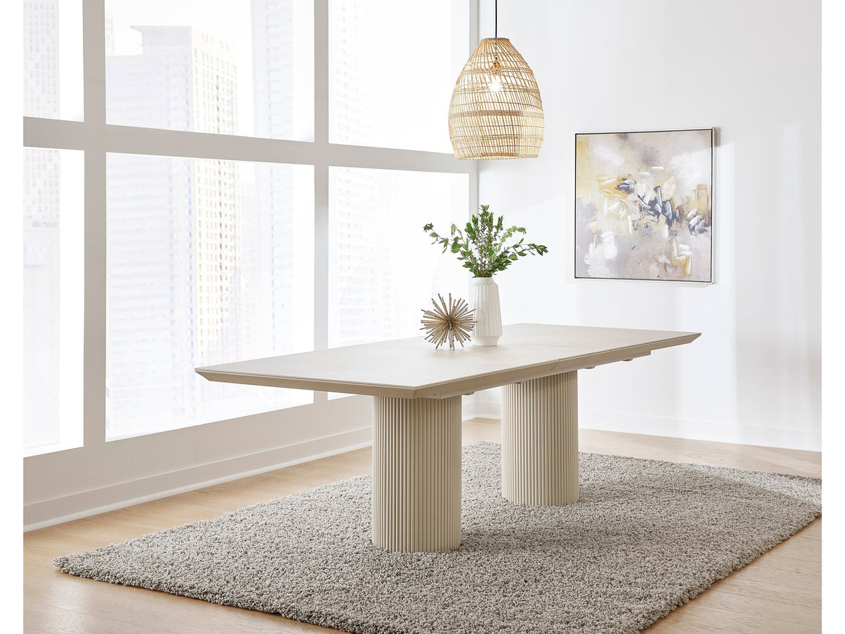 Cannon Sintered Stone/Ivory Double Pedestal Extension Dining Table by Modus Furniture at Eve Furniture
