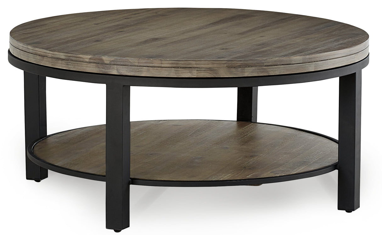 Canyon Solid Wood and Metal Round Coffee Table in Washed Grey by Modus Furniture at Eve Furniture